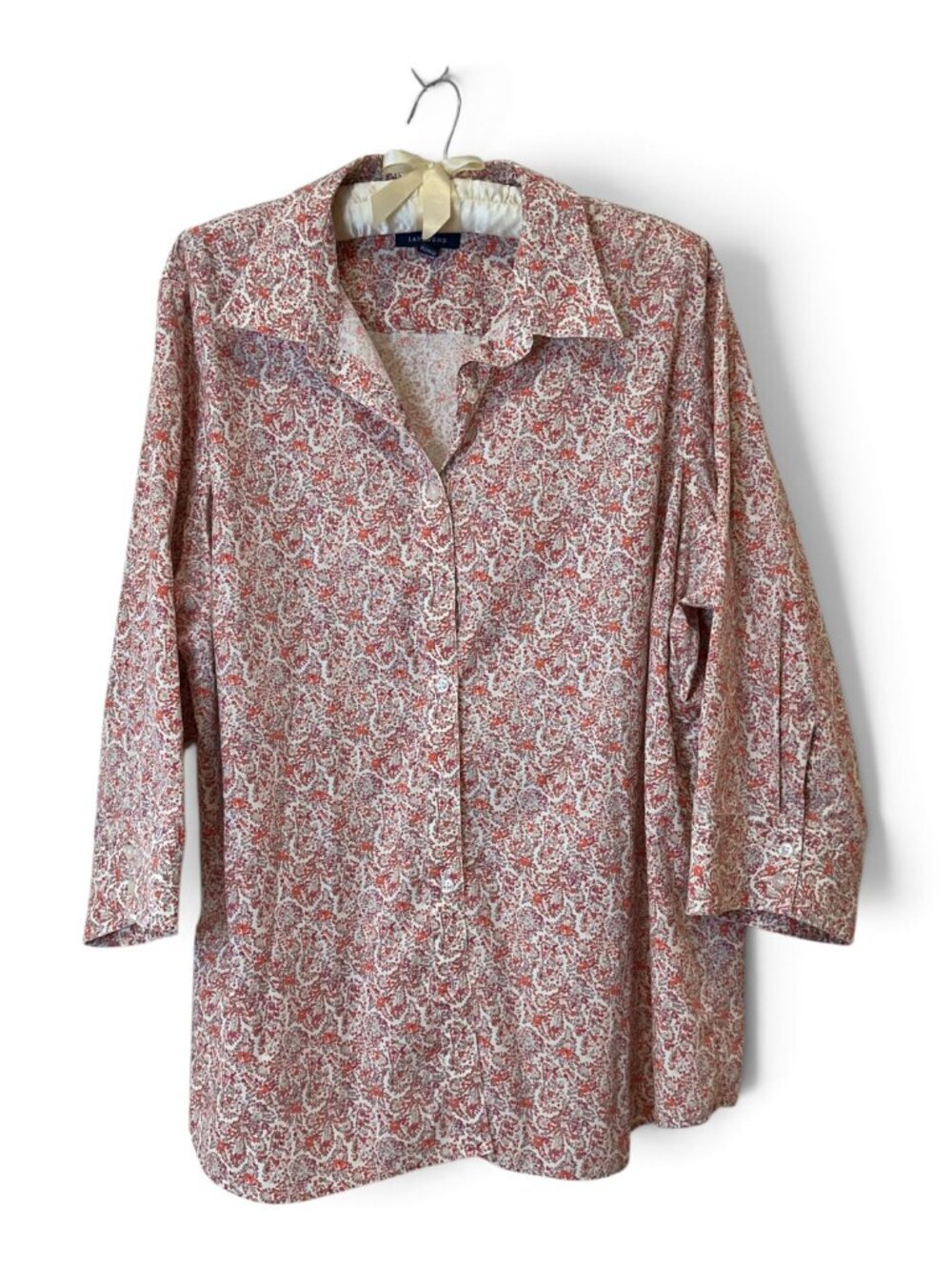 Lands End Womens Button Down No Iron Cotton Size 22W Orange Flowers Businesscore